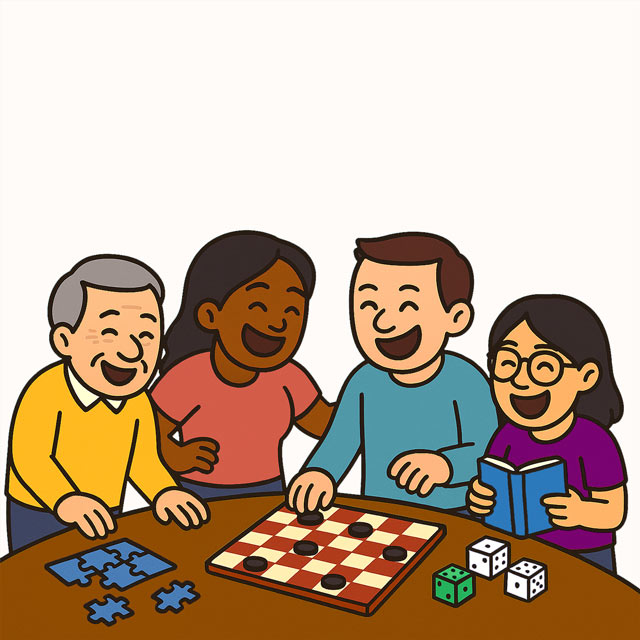 Four adults around a table playing with a puzzle, checkers, dice and reading a book