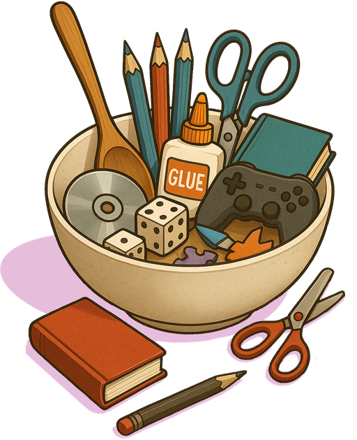 Mixing bowl full of puzzle, creative and game elements