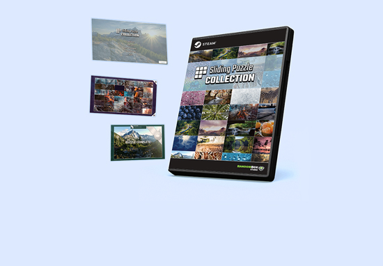Sliding puzzle game screenshots and a dvd game case with a gallery of images in a grid