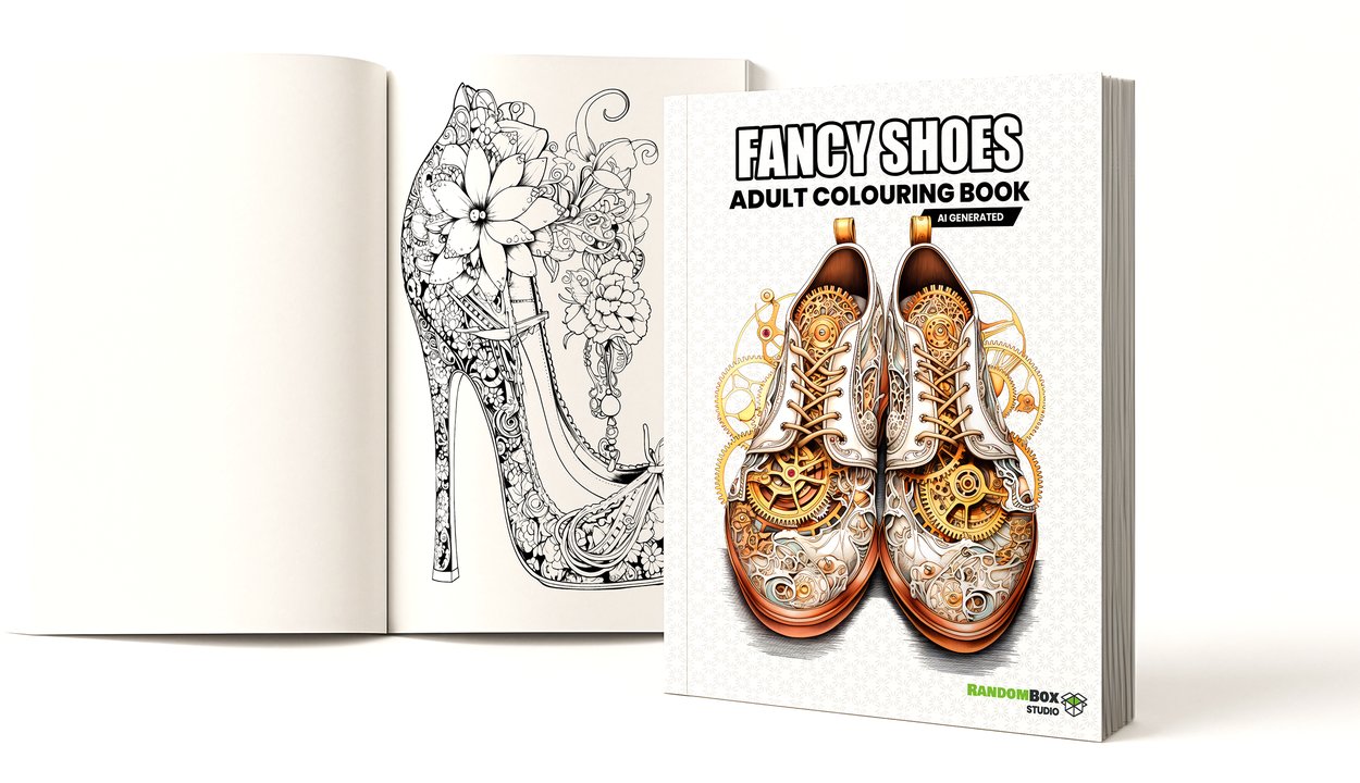 Fancy Shoes Colouring Book open book preview and cover