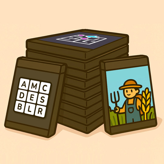 A pile of game disc cases, with three visible covers including a maze, farmer, and word game