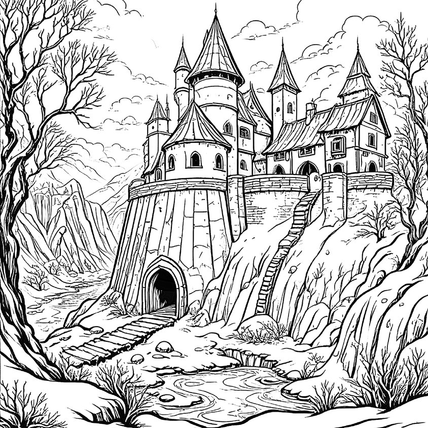 A detailed half-timbered house beside a snow-covered stream