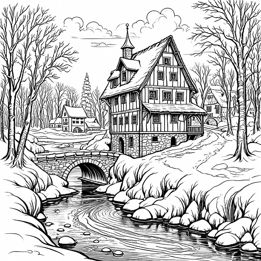 A detailed half-timbered house beside a snow-covered stream